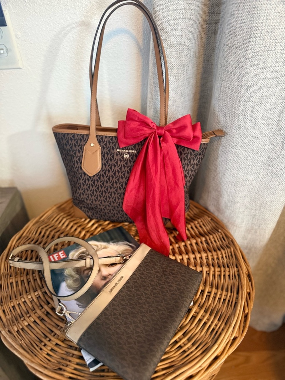 BUNDLE Michael Kors Brown Monogram Tote with Red Bow and crossbody